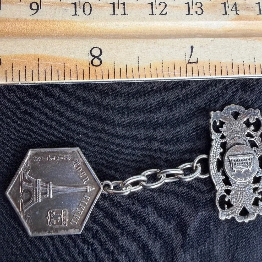 Vintage Paris France Souvenir Panel Bracelet Eiffel Tower Notre Dame Silver Tone